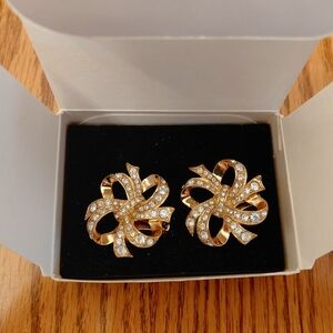 Kenneth Jay Lane Gold Crystal Bow Clip On  Earrings